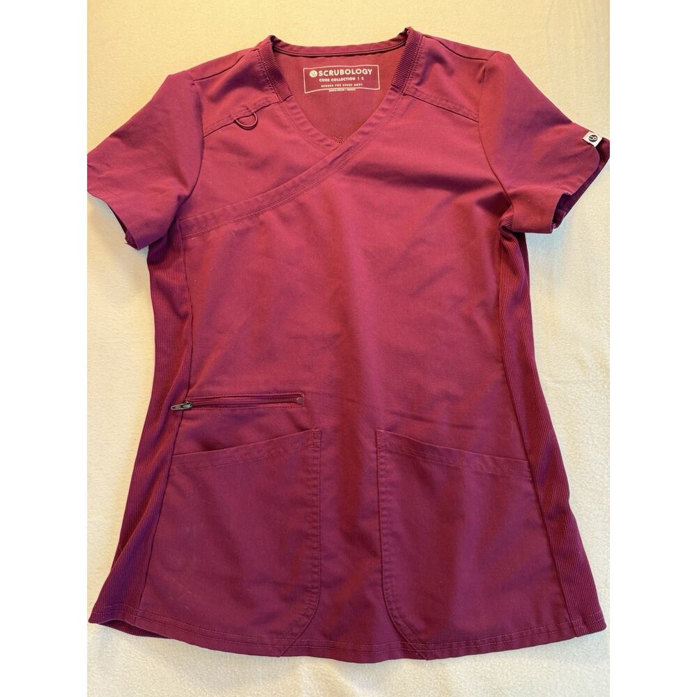 Scrubology Ladies Wine Red Mock Wrap Scrub Top‎ Size Small